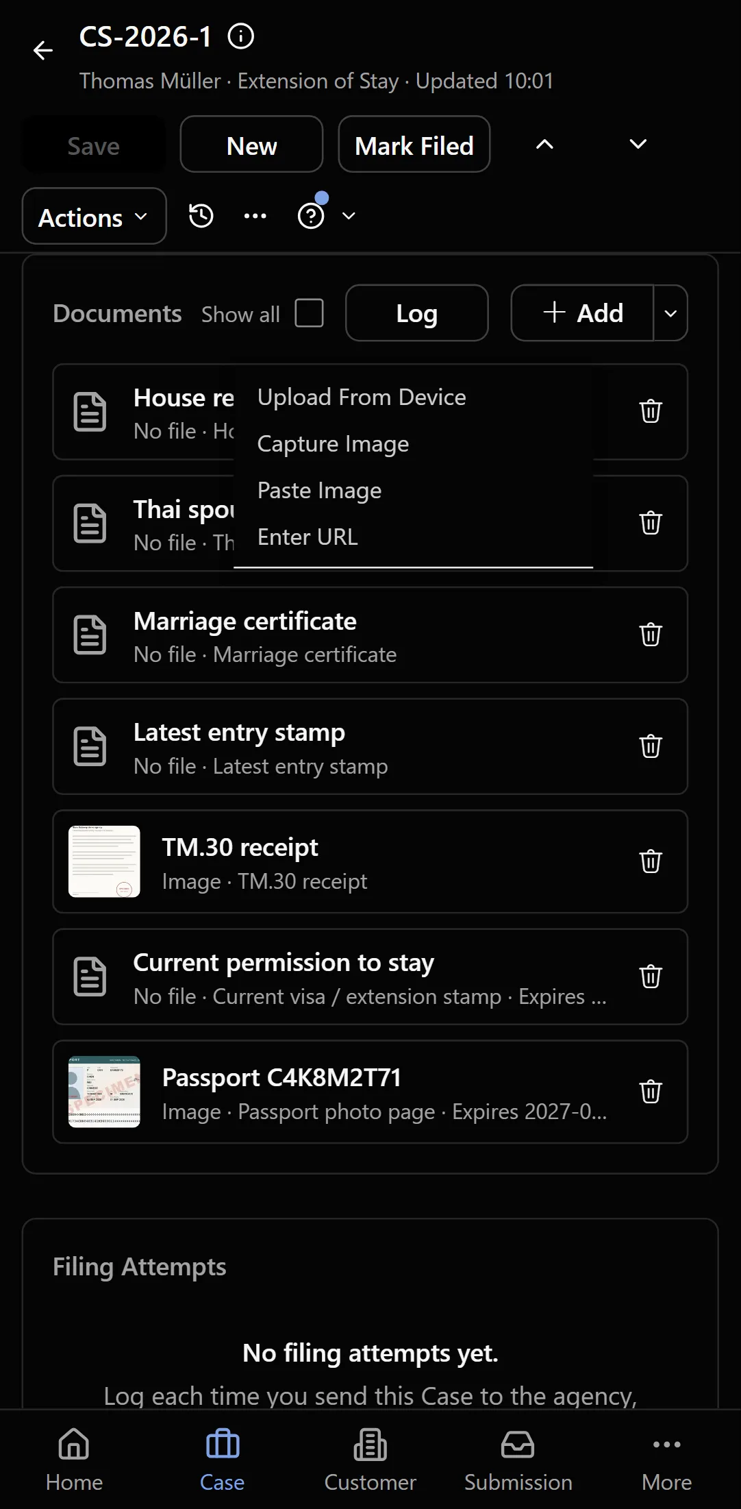 A case's documents on a phone, with Add open to take a photo, upload a file, paste or add a link