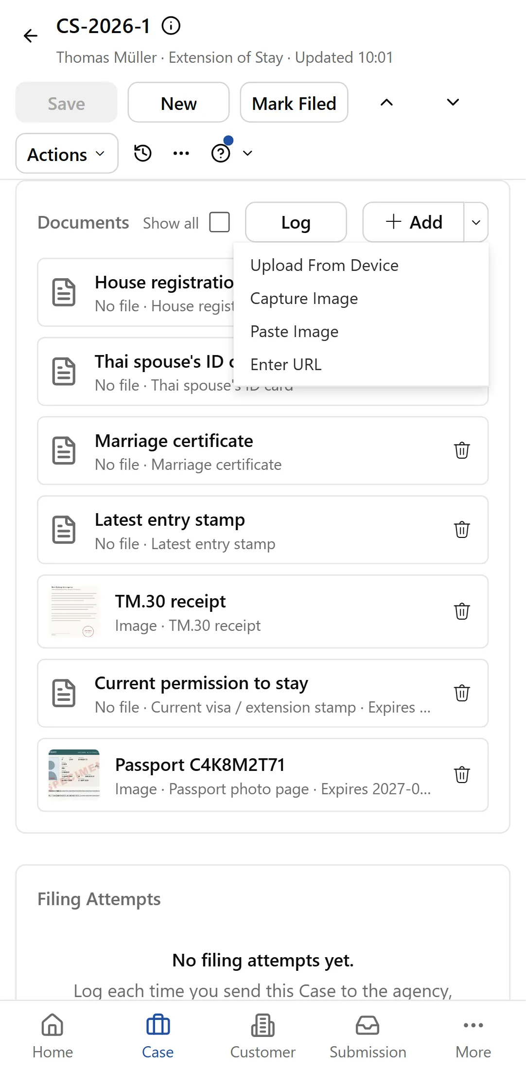 A case's documents on a phone, with Add open to take a photo, upload a file, paste or add a link
