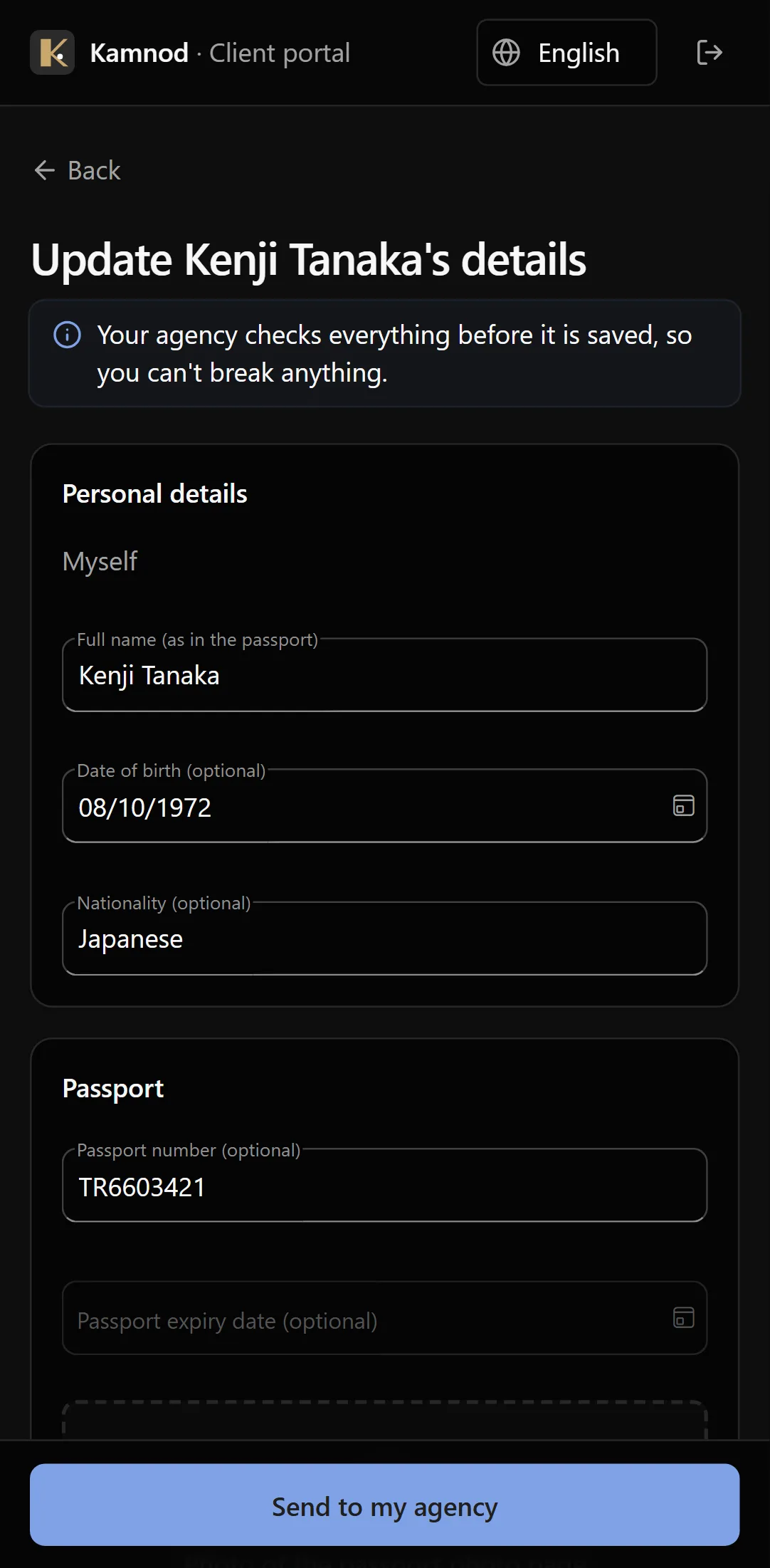 A client sending their details and passport photo from the portal