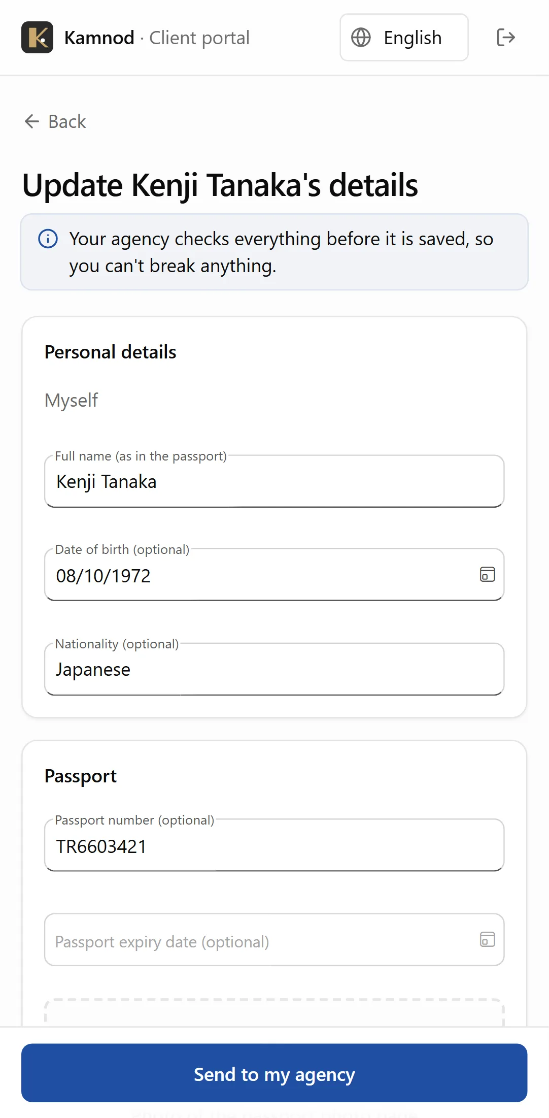A client sending their details and passport photo from the portal