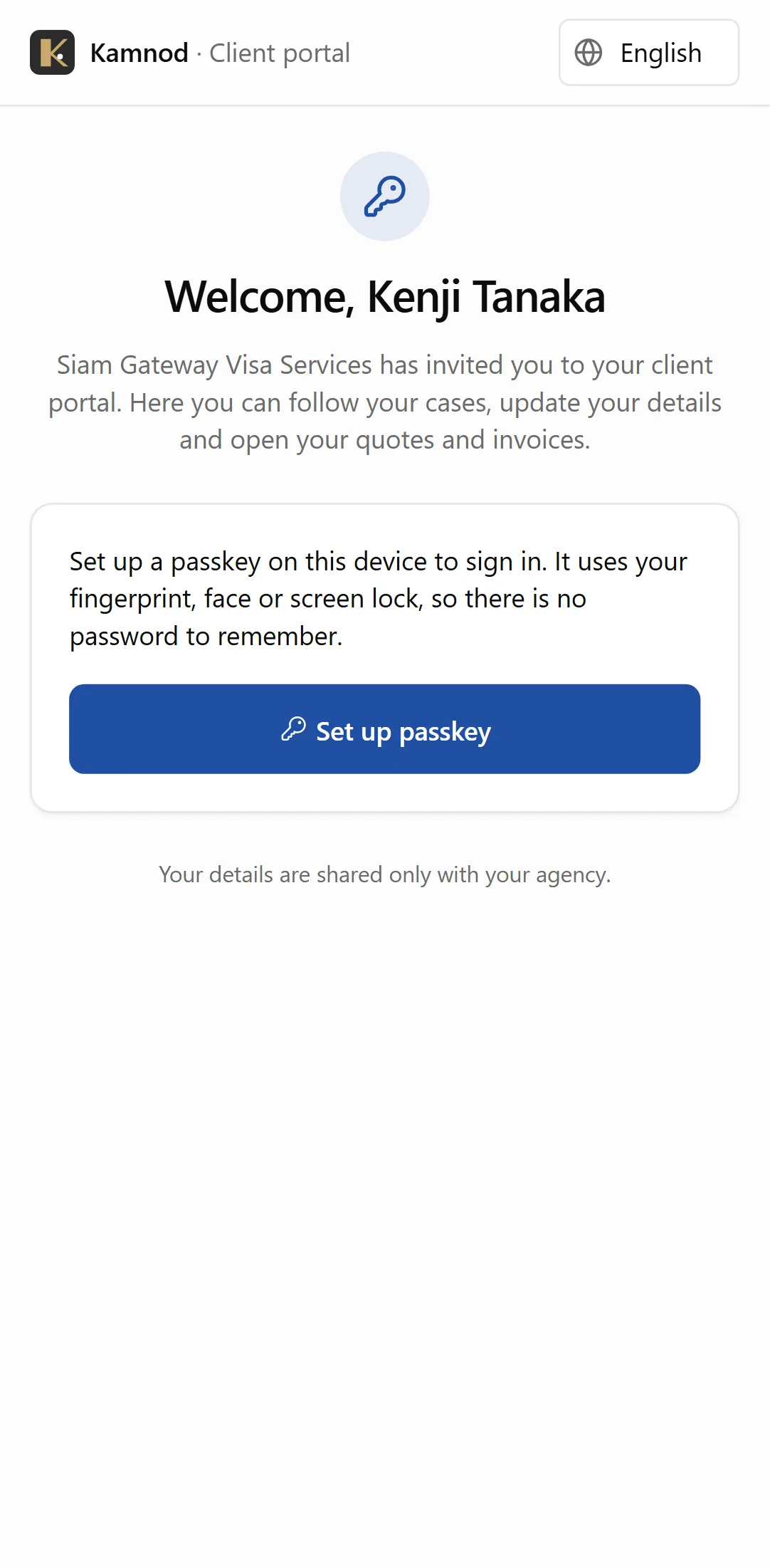 The portal welcome screen on a phone, setting up a passkey